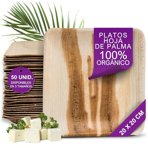 Waipur 50 Platos Desechables de Hoja de Palma Orgánicos - Cuadrado 20x20 cm - Vajilla Ecológica - Estable, Natural y Compostable - Elegantes para Fiestas - como Menaje de Bambu