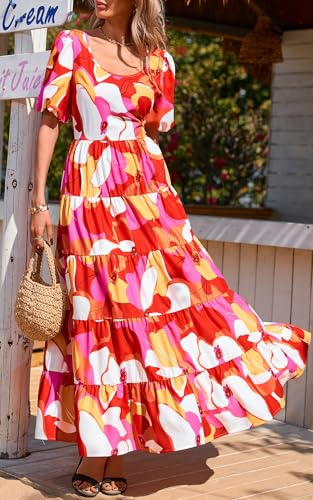 Image of PRETTYGARDEN Puff Short Sleeve Cewneck Floral Long Fall Dresses for Women 2025 Flowy Tiered Hem Maxi Wedding Guest Dress
