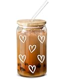 NewEleven Cute Glass Coffee Cups With Lids And Straw – Aesthetic Cups – Iced Coffee Cup, Coffees Tumbler – Christmas Gifts For Women, Friends, Coffees Lover - 16 Oz Coffee Glass