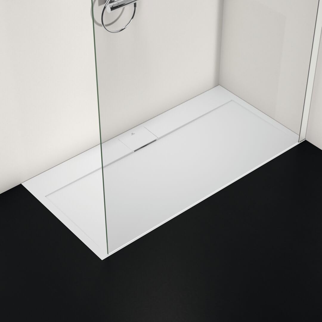 Ideal Standard - Ultra Flat S i.life, Plato de ducha rectangular 140 x 70 cm, de resina, desagüe lateral largo, acabado mate efecto piedra, blanco