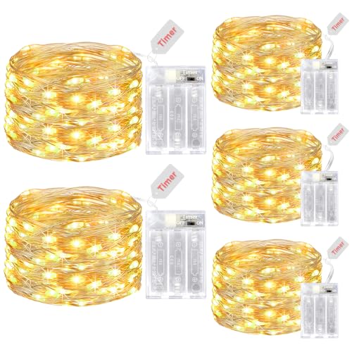 kolpop 5 Pack Fairy Lights Battery Operated with Timer, 50 LED Mini String Light Battery Powered, Warm White Tiny Christmas Lights for Indoor Christmas Wedding Decorations