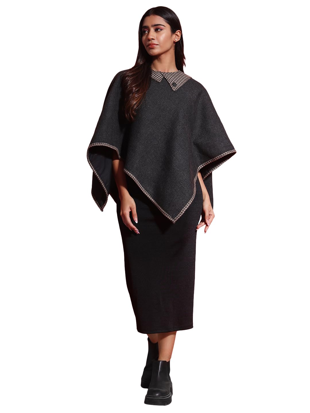 zamour Women's Woven Checks Poncho Top, Soft Cashmelon Wool with Inner Lining, Double Collar with Loop Button at back (Free Size- fits Medium to XL)-picture-32