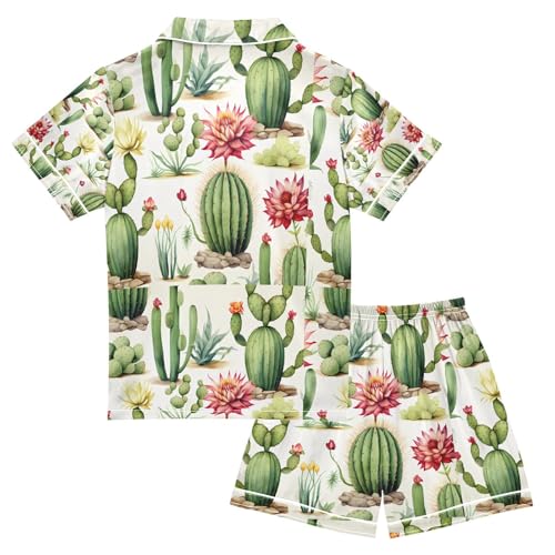 senya Cactus Flower Satin Summer Pajama Sets Silk Short Sleeve Button Down Sleepwear2