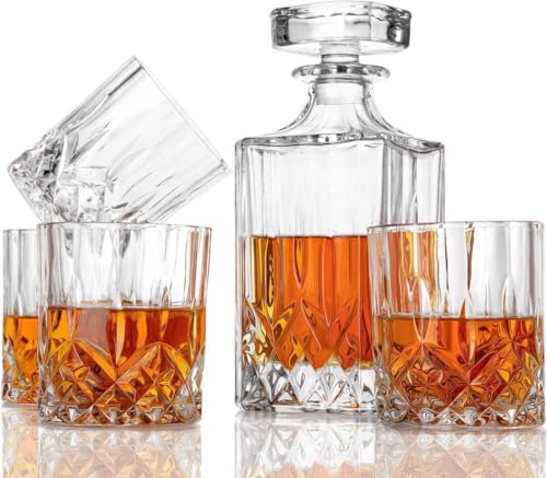 Juego De Decantador De Whisky, Vasos de Vidrio para Whisky con Decantador de Cristal, 750 ML Decanter y 4 Pcs 310ML Whiskey Glasses Set, Con Tapón de Sellado,...