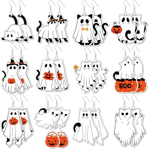 Misdary 12 Pairs Halloween Earrings for Women Ghost Cat Wooden Earrings Dangle Pendants Cute Halloween Wood Jewelry Gifts