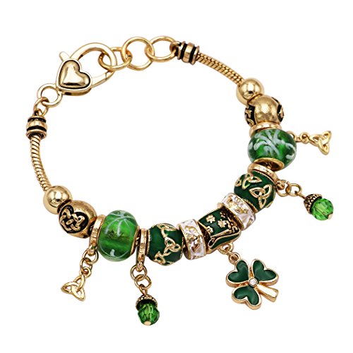 Rosemarie Collections Women's St. Patrick's Day Irish Shamrock Claddagh Glass Bead Charm Bracelet, 7-8