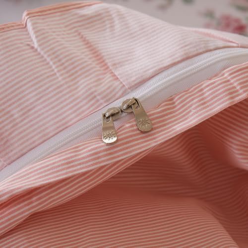 Image of VM VOUGEMARKET Pink Ruffle Floral Duvet Cover Set Queen,Peach Pink Flower Bedding Set 100% Cotton Reversible Pink Stripes Duvet Cover with Zipper & Ties,90 inchx90 inch