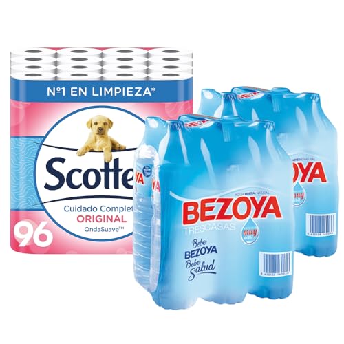 FlashPrix Papel Higiénico Scottex Original, 96 rollos. Agua Mineral Natural Bezoya, 12 botellas de 1.5 L. Pack para oficinas y empresas