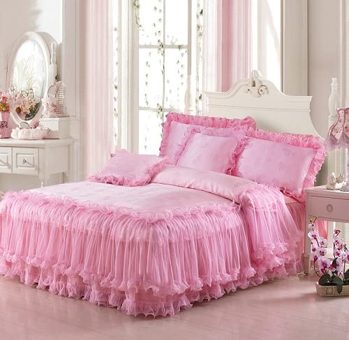 Hcclijo Lace Cotton Wedding Princess Bedding Sets King Queen Size Duvet Cover Set Bed Sheet Skirt Set Pillowcases Pink Full Size 4Pcs