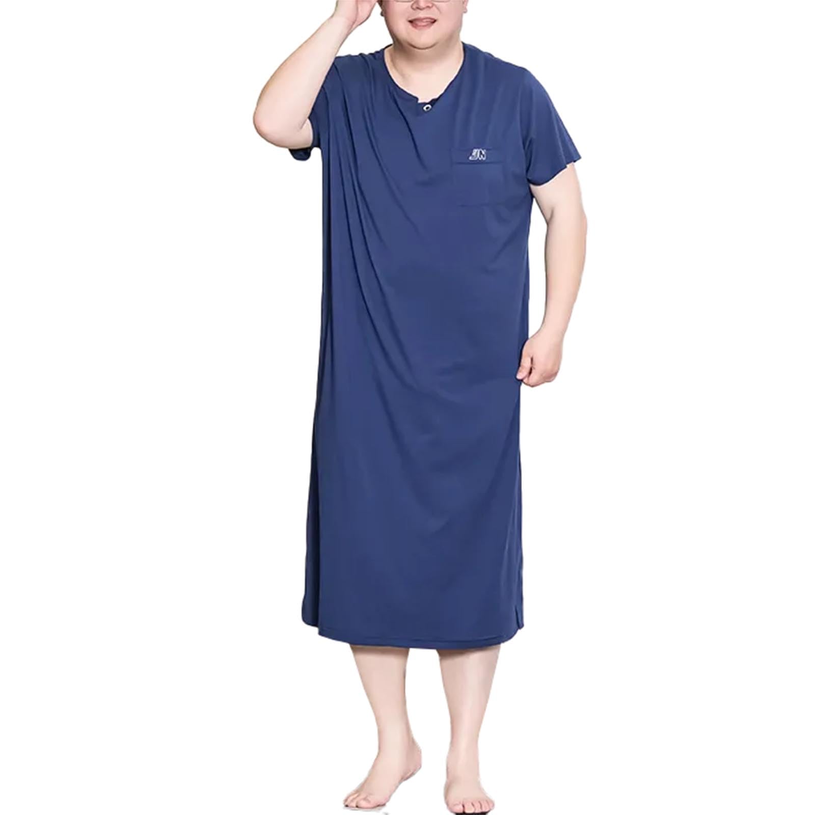 Generic Męska koszulka nocna w rozmiarze plus size Wygodna koszula nocna z krótkim rękawem Big & Tall Henley,Blue,3XL