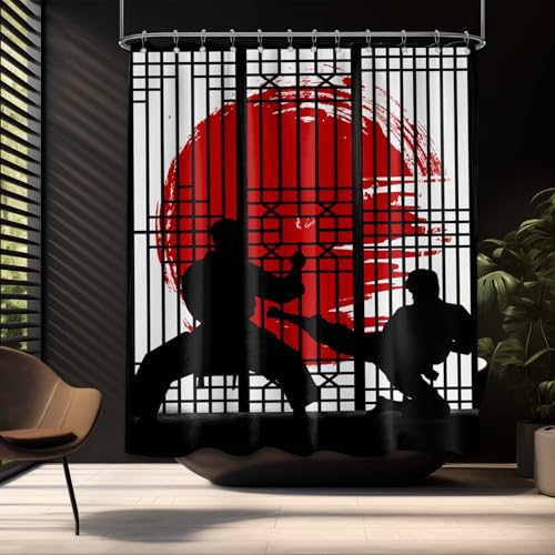 Image of Japanese Shower Curtain Japan Anime Asian Black and Red Shower Curtains for Mens Bathroom Decor Sets, Waterproof Cloth Fabric with Hooks, 70x72 Inch