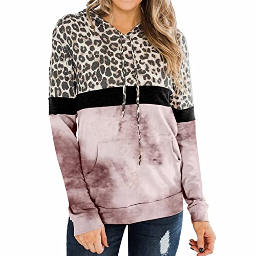 Sudadera con Estampado de Leopardo para Mujer Otoño Invierno Sudadera con Capucha de Manga Larga con Paneles de teñido Anudado y Bolsillo(Rosado,XL) Cover