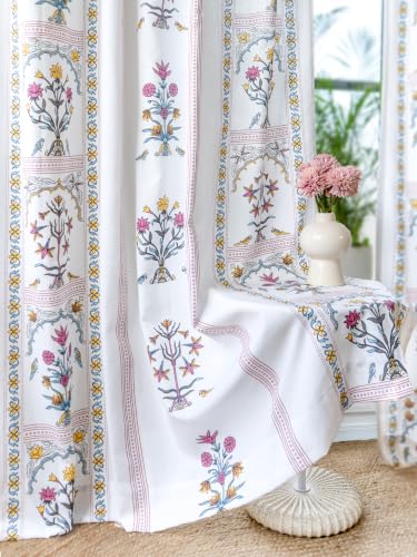 Image of Tranquebar Curtain Co. Window Curtains 5 Feet, 60-65% Room Darkening, Pink Floral Print, Cotton Curtains for Window, Cotton Curtains 5 Feet Long Single Piece, BackTabs, Sashi (152 cm) - Single Piece
