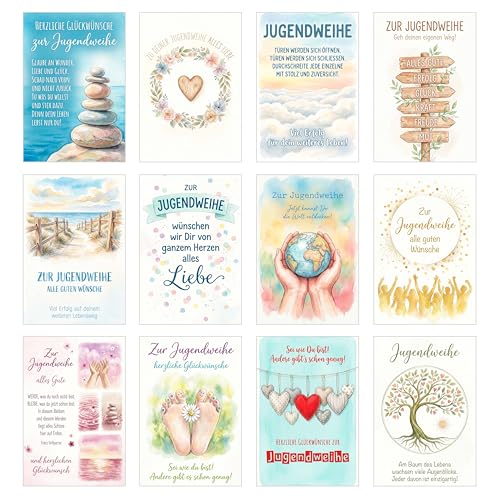 Edition Seidel Set 12 Grußkarten zur Jugendweihe mit Umschlag. Glückwunschkarten Jugendweihekarten Doppelkarten Klappkarten Kartenset Karte Grußkarte Gruß Spruch Kinder Jugendliche (SW026)
