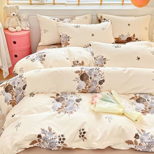 Nayoroom Bettwäsche 135x200 Baumwolle Beige mit Braun Blätter Frühling Bettbezug Set 2teilig Vintage Landhausstil Style Einzelbett 100% Baumwoll...