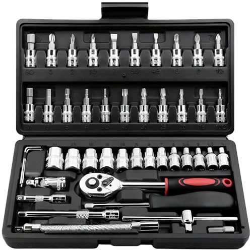 Egofine 46 Pieces 1/4 inch Drive Socket Ratchet Wrench Set, with Bit Socket Set Metric and Extension Bar for Auto Repairing and Household, with Black Storage Case