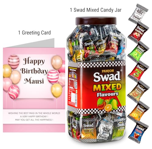 Image of Swad Happy Birthday Masi /Mausi Gift with Card (Swad Mixed Flavours Candy 200 Jar & 1 Greeting card) 2 units