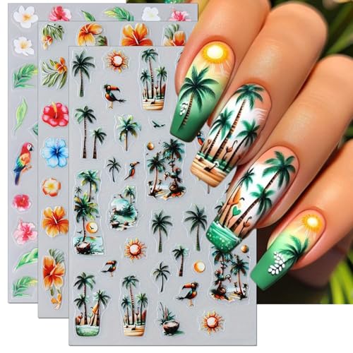 IDDFEVE Summer Palm Tree Nail Art Stickers - Flamingo Tropical Beach Self-Adhesive Nail Decals for DIY Parrot Coconut Tree Manicure (3 Sheets)
