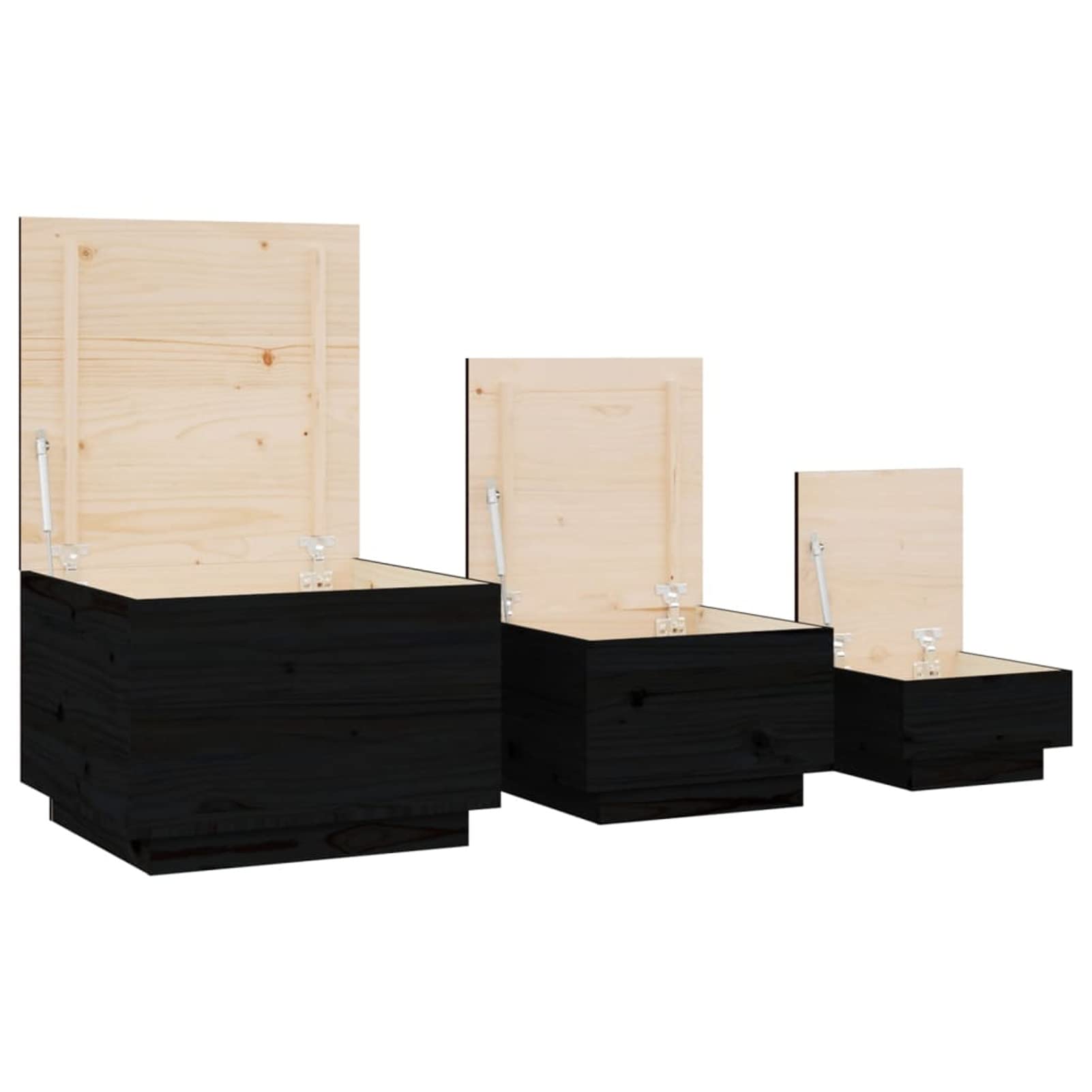Homgoday Cajas de almacenaje con Tapa 3 pzas Madera Maciza Pino Negro Baúl de Almacenamiento para Jardín Baúl Exterior para Patio y Terraza