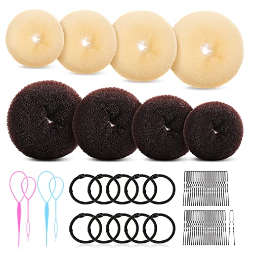 8 Pieces Hair Bun Maker Set 4 Sizes Donut Hair Bun Maker 2 Extra-large 2 Large 2 Medium and 2 Small Brown Beige with 40 U Hair Pins 10 Hair Elastic Bands 4 Hair Tail Tools for Chignon Hair Styles