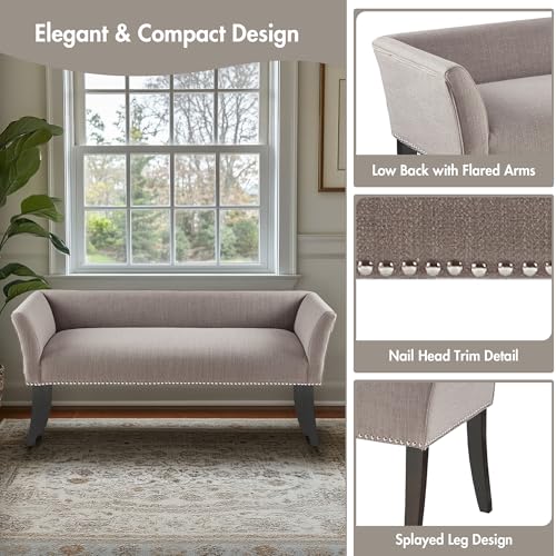Image of Madison Park Accent Bench, Upholstered with Nailhead Trim, & Padded Seat Entryway Bench Small, End of Bed Bench with Back, 49.5 inch W x 19.25 inch D x 23 inch H, Grey