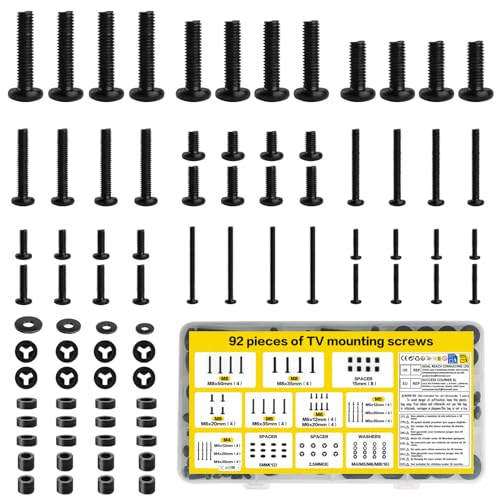 92 Pcs Kit de Vis de Montage TVs, Vis de Fixation Murale TV M4 M5 M6 M8 Vis VESA, Boulons Téléviseurs Moniteur Jusqu'à 80 Pouces, Kit de Matériel de...