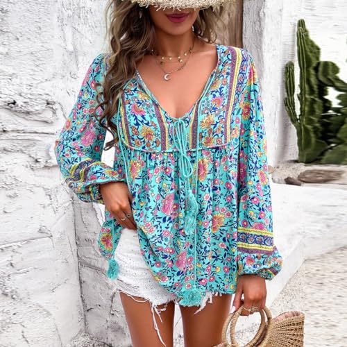Women's Casual Floral Print V Neck Top Loose Boho Long Sleeve Beach Shirts Blouses2