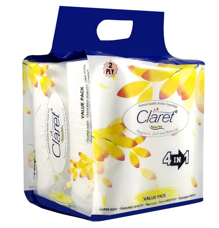 Claret Hygienic Kitchen Towel Roll - 100 Sheets (2 Ply), Soft & Natural, 4 in 1 Pack, Absorbent Paper Towel for Cleaning, Kitchen, Household Use, Multi-purpose, Strong & Durable-image-49
