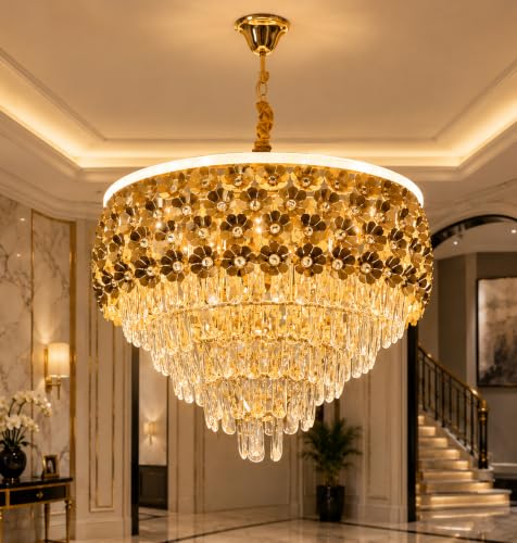 Image of TRIXY Flower Design Chandelier Lights For Ceiling Living Room | Hanging Golden Pendant Light 600MM Jhumar Lamp | K9 Crystals | 3 LED Color Changing (Warm White, Natural, Cool) | New Home & Decor Light