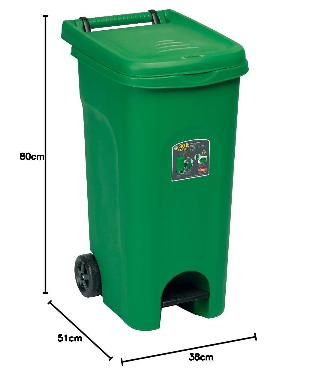 Stefanplast 6431 Cubo con Ruedas Urbano Eco con Pedal, Verde, 38 x 51 x 80 cm