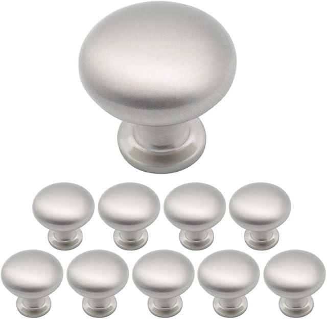 Probrico 10 Pieces Solid Cabinet Door Knob Dresser Handle Mushroom Wardrobe Pull Diameter 30mm Brushed Nickel