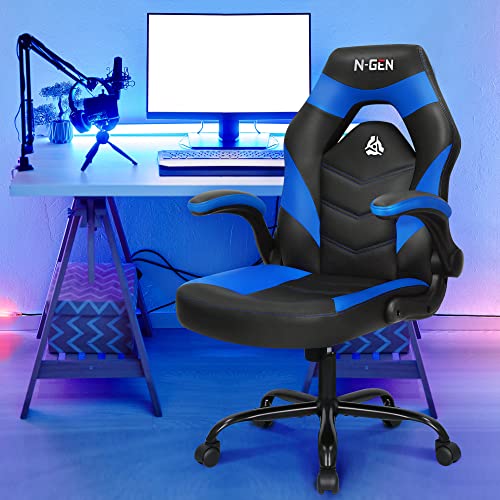 N-GEN Video Gaming Computer Chair Ergonomic Desk Office Chair for Adults with Lumbar Support Flip-Up Arms Adjustable Height Swivel Wheels PU Leather Executive Design for Home and Office (Blue) - Image 3