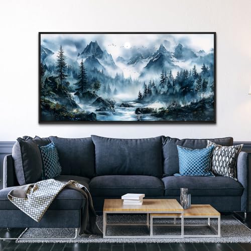 ERQINHUA Large Wall Decor For Bedroom Black Framed Canvas Wall Art For Living Room Office Decorations Misty Forest Wall Paintings Tree Landscape Pictures Artwork Modern Home Decor 30x60 Inches