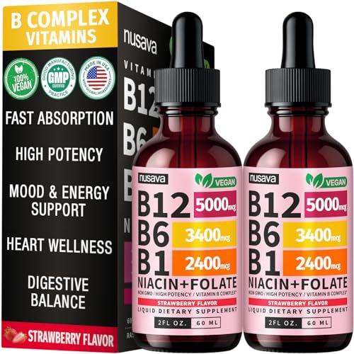 NUSAVA (2 Pack) Vitamin B12 Liquid Drops 5000mcg -B12 Sublingual with B6&Vitamin B Complex-Methylcobalamin B12 Drops for Women&Men - Vegan Supplement Non-GMO Strawberry Flavor (2 Fl Oz 80 Servings)