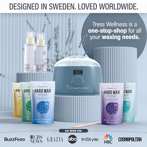 Image of Tress Wellness Award Winning Waxing Kit for Sensitive Skin - Safe for Face & Skin, Easy to Use - At-Home Kit for Face, Bikini, Brazilian & Full Body - Digital Display, Blue