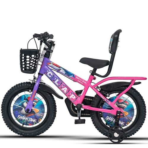 Image of Shark Tank 14T Kids Bicycle for Boys & Girls with Inbuilt Carrier, Front Basket, PU Soft Seat, Full Chain Cover & Stylish Wheelcards (Purple /Pink)