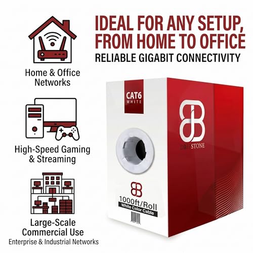 Image of DRIPSTONE CAT6 1000ft Bulk Ethernet Cable 23AWG Solid CCA UTP 0.57mm White