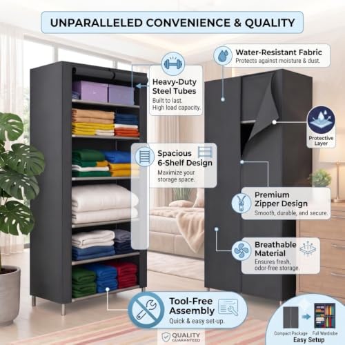 Image of Ulif Multipurpose 𝗖𝗼𝗹𝗹𝗮𝗽𝘀𝗶𝗯𝗹𝗲 𝗪𝗮𝗿𝗱𝗿𝗼𝗯𝗲 Cabinet | 𝗙𝗼𝗹𝗱𝗮𝗯𝗹𝗲Fabric Organizer with 𝟲 𝗦𝗵𝗲𝗹𝘃𝗲𝘀 | Portable Clothes 𝗦𝘁𝗼𝗿𝗮𝗴𝗲 𝗥𝗮𝗰𝗸 for Bedroom (GREY)