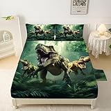 VTKON Dinosaurs Bed Sheets Queen for Boys Kids Soft Microfiber Bedding Sheets Set 3D Realistic Dinosaur Green Fitted Sheets Set Breathable Dinosaur Bed Sheet for Kids Room Decor