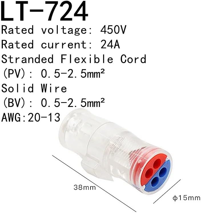 Electrical Wire Connector,Plug-in Wire Terminal, Quick Cable Connectors,Quick Splitter Terminals,450V,24A,AWG20-13(LT-724,10 PCS)