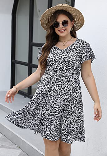Image of Celkuser Womens Plus Size Summer Casual Midi Dress Short Ruffle Sleeve Tiered Empire Waist T-Shirt Dress with Pockets