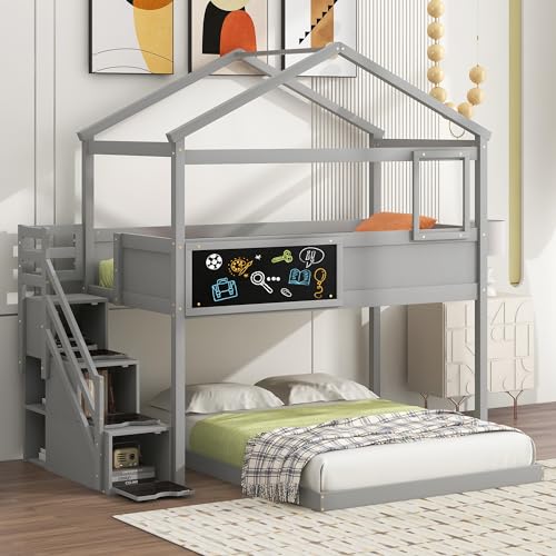Harper & Bright Designs Twin Over Full Bunk Beds with Storage Stairs and Blackboard,House Bunk Beds for Kids, Wood Bunk Beds with Roof, Window, Guardrail for Girls, Boys,Grey