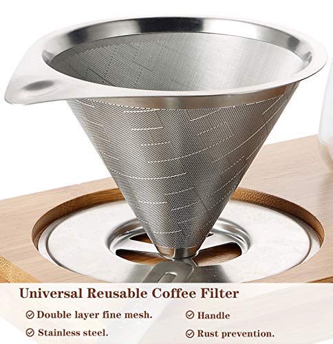 Pour Over Coffee Dripper Set Include Stainless Steel Paperless Reusable Filters, 8 Ounce Glass Cup, Spoon and Bamboo Base, Portable Single Cup Coffee Maker for Home Office - Gift-ready Package
