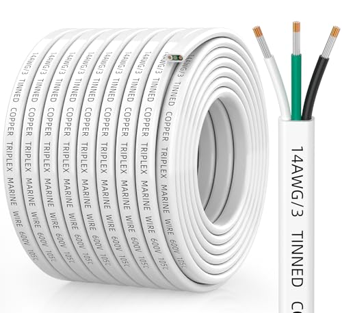 14 Gauge Marine Wire, 14/3 Triplex Marine Grade Cable, IP68 Waterproof/Oxygen-Free Tinned Copper Stranded PVC 14 AWG Wire for Boat, Automotive, RV, Solar, LED Strips (50FT)