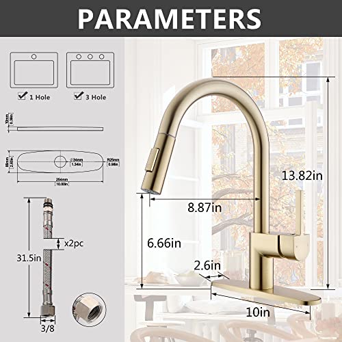 Fropo Gold Kitchen Faucet With Pull Down Sprayer - Modern Single Handle Pull Down Kitchen Sink Faucet With Deck Plate | Commercial Kitchen Faucet For 1 & 3 Hole Stainless Steel Brushed Gold #TOP3