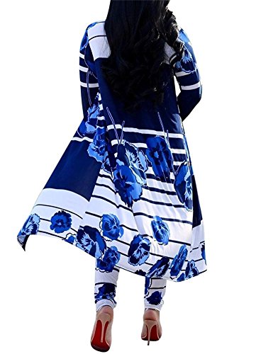 Womens Floral Print Long Sleeve Cardigan Cover Up Long Pants 2 Piece Outfits Set Blue #TOP1