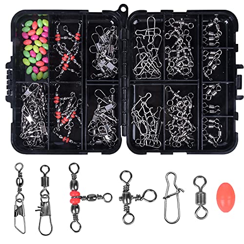 Jinlaili 140PCS Kit De Accesorios De Pesca, Kit De Broches Giratorios de Pesca, Barril de Pesca Giratorio, Conectadores Emerillones, Rodamiento de Bolas Giratorio Snap Barrel Clips, Cuentas de Pesca