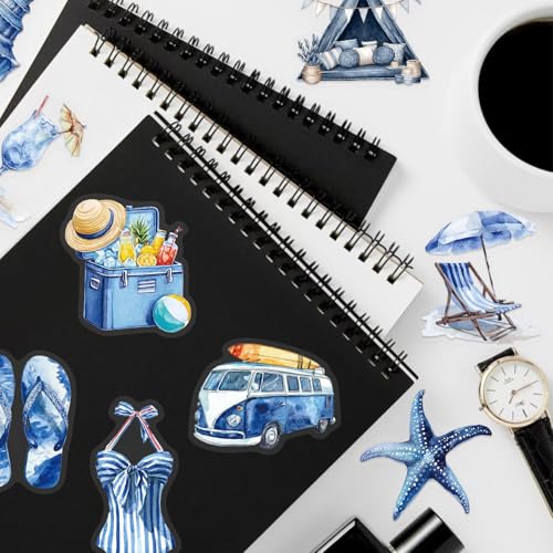 Image of 50PCS Transparent Blue Beach Stickers Aesthetic PET Stickers Blue Ocean Decal Waterproof Decorative Decals for Scrapbook DIY Crafts Album Bullet Journal Planner Water Bottles Laptop Phone (Blue-A)