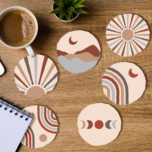 Image of Punch Needle Coasters Kit, Punch Needle Embroidery Kit for Beginners and Adults Car Coasters DIY Rug Drink Coasters with Adhesive Felt Yarns Hoop Tools DIY Needle Punch Craft (A2-Boho) (Boho-6 Sets)