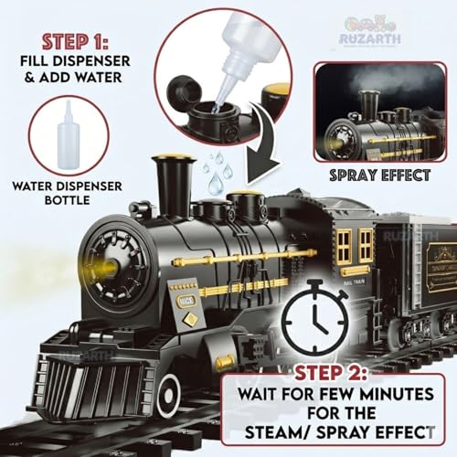 Image of Classic Steam Train Set for Kids 3+ with Real Smoke, Light & Sound, Rechargeable Battery Operated Electric Railway Toy with 155CM Track & Cargo Cars, Gift for Boys & Girls
